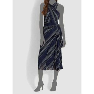 NWT Ralph Lauren Blue Striped Crinkle Georgette Halted Dress - 12